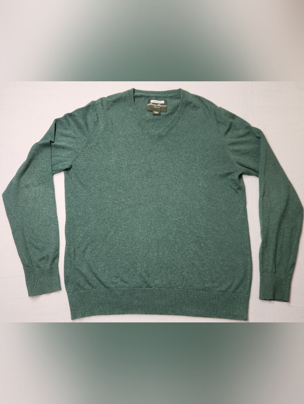Vintage Eddie Bauer Men's Forest Green Cotton Linen 90s V-Neck Sweater Sz LT